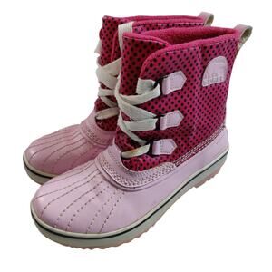 Sorel Girls Sz 4 Pink Polka Dot Duck Boots Lace Up Waterproof Fleece Lined